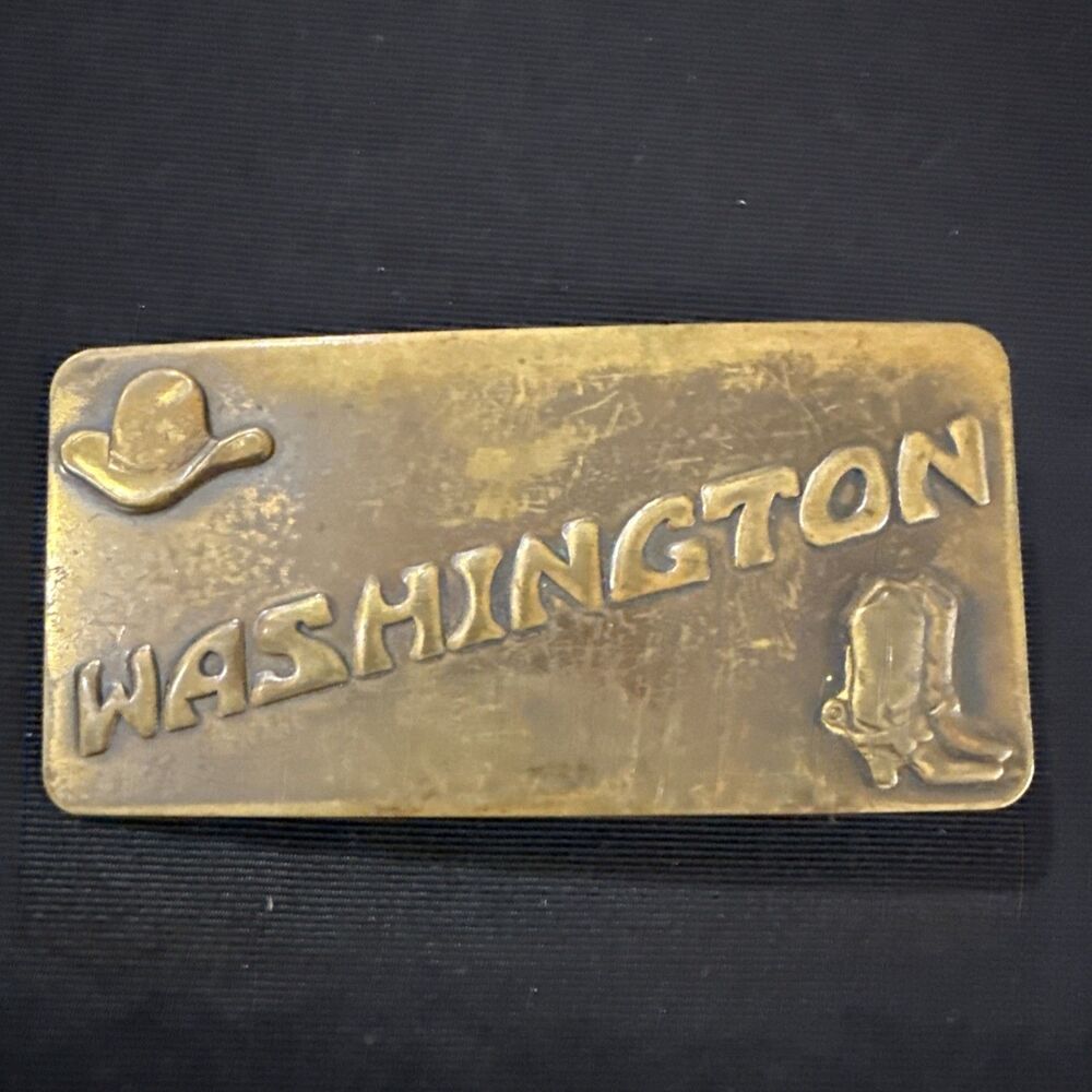 Vintage Solid Brass Belt Buckle Washington Cowboy Hat And Cowboy Boots